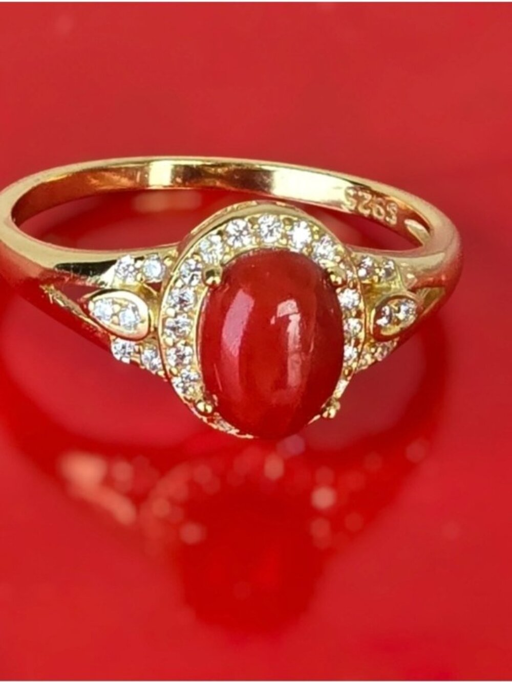 925 Sterling Silver Ring 14K Yellow Gold Plated with Natural Red Coral & CZ